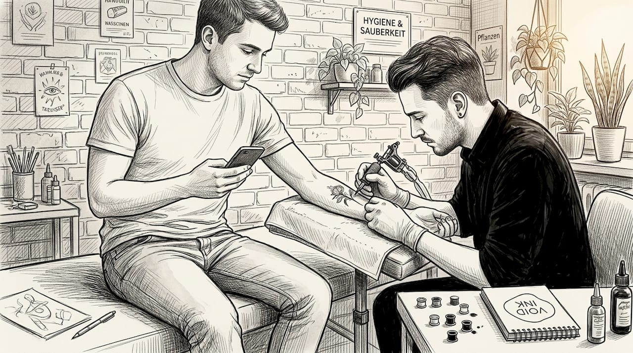 Ein Tätowierer arbeitet in seinem Studio an einem filigranen Microrealism-Tattoo.