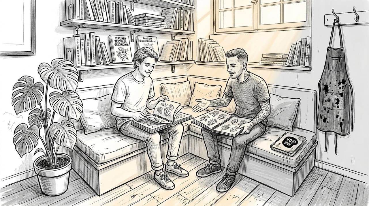 Der Kunde schaut sich gemeinsam mit dem Tätowierer verschiedene Stilrichtungen im Portfolio an.