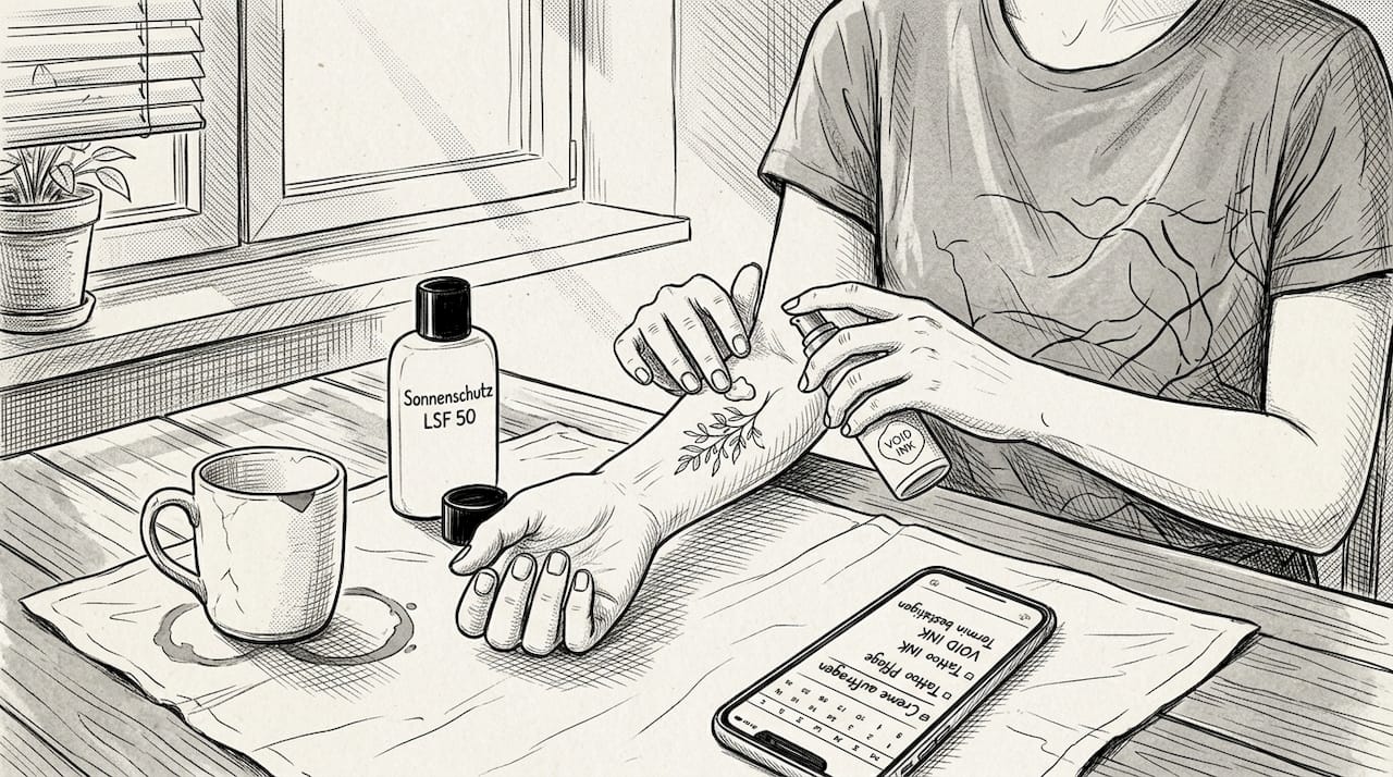 Eine Frau pflegt ihr filigranes Tattoo mit spezieller Nachsorge.