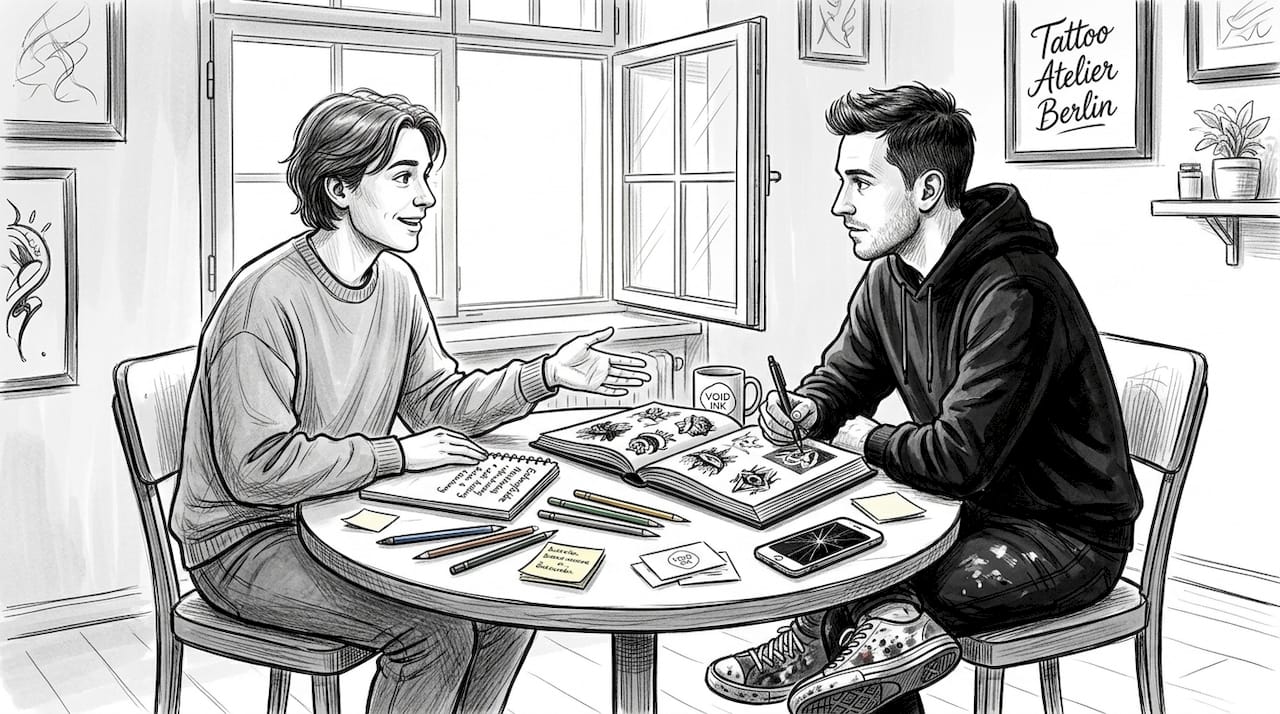Tätowierer und Kunde besprechen gemeinsam die möglichen Tattoo-Motive.