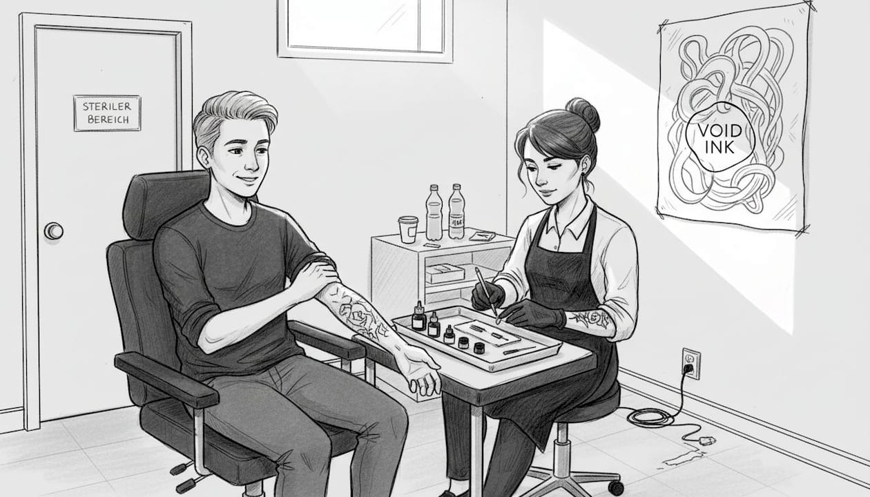 Vorbereitung eines Tattoo-Termins gemeinsam mit dem Tätowierer und dem Kunden