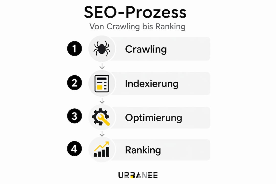 Grafik mit vier Phasen: Webseiten werden gecrawlt, im Index erfasst, für Suchmaschinen optimiert und schließlich im Ranking platziert.