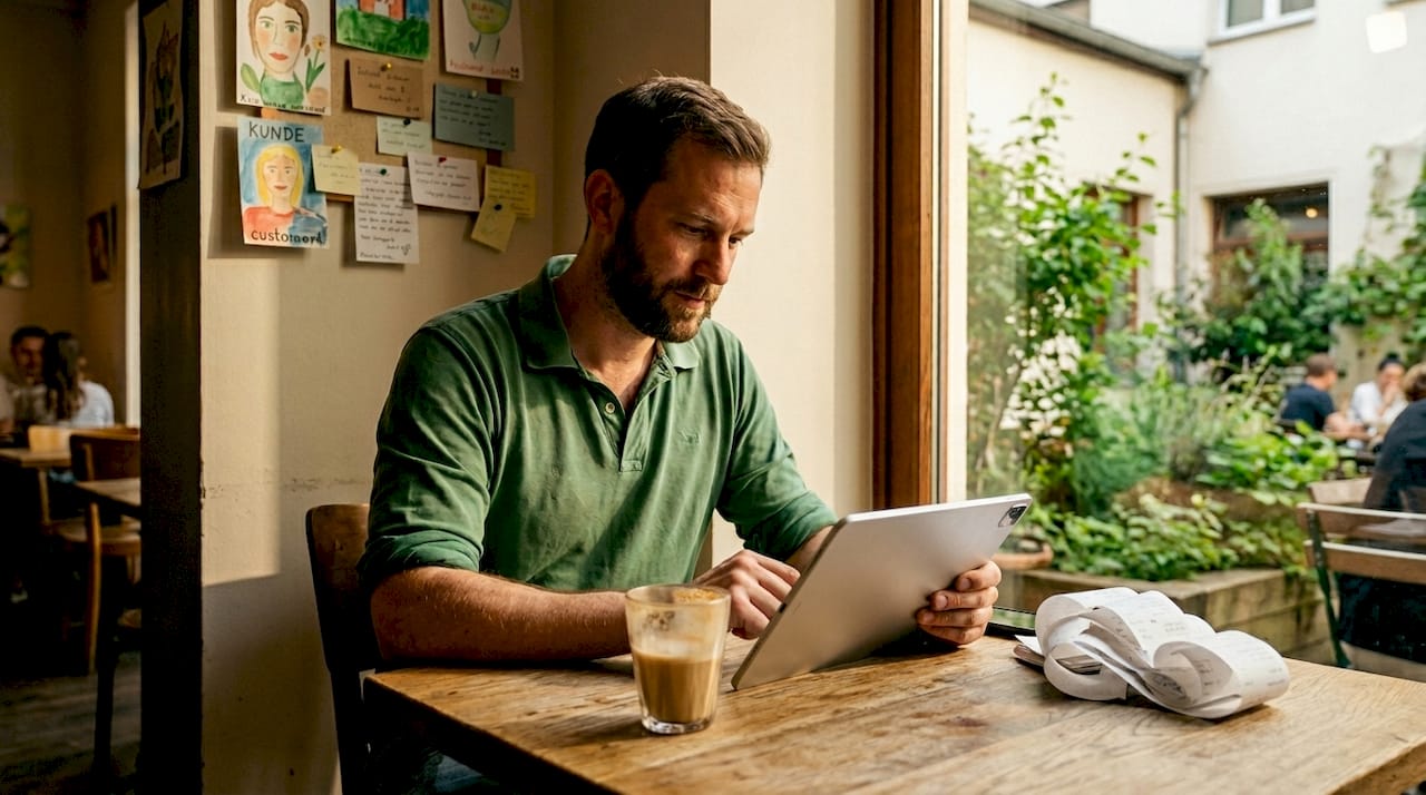 Der Caféleiter pflegt das Google-Profil seines Betriebs, um die Sichtbarkeit bei Suchmaschinen zu verbessern.