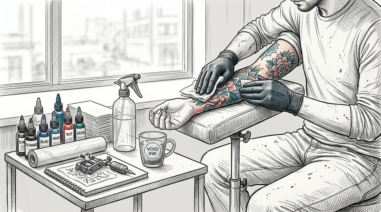 Hände, die ein buntes Tattoo am Unterarm pflegen und nachstechen.