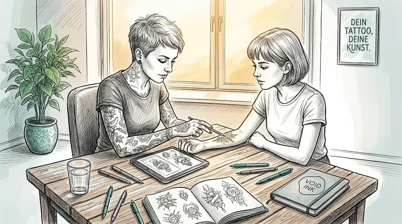 Tätowierer berät Kundin zum Überstechen eines alten Tattoos