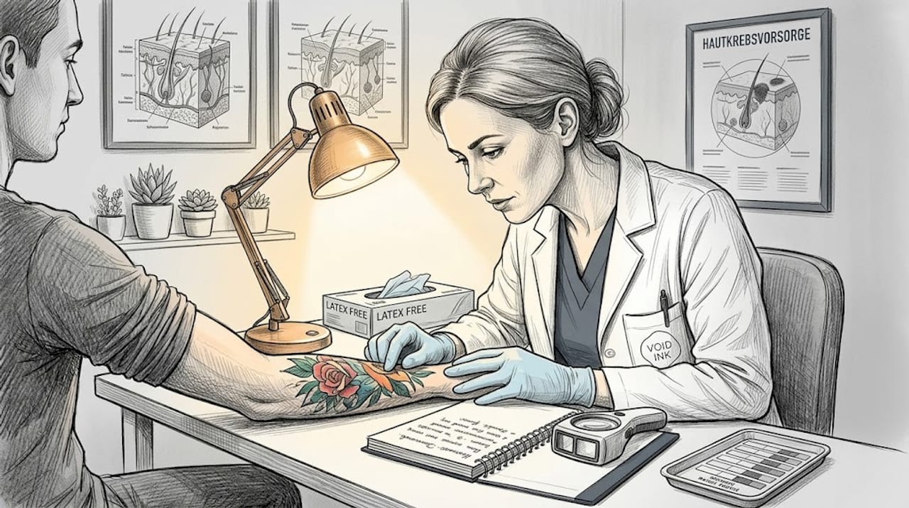 Ein Hautarzt begutachtet ein buntes Tattoo unter einer speziellen Lampe.