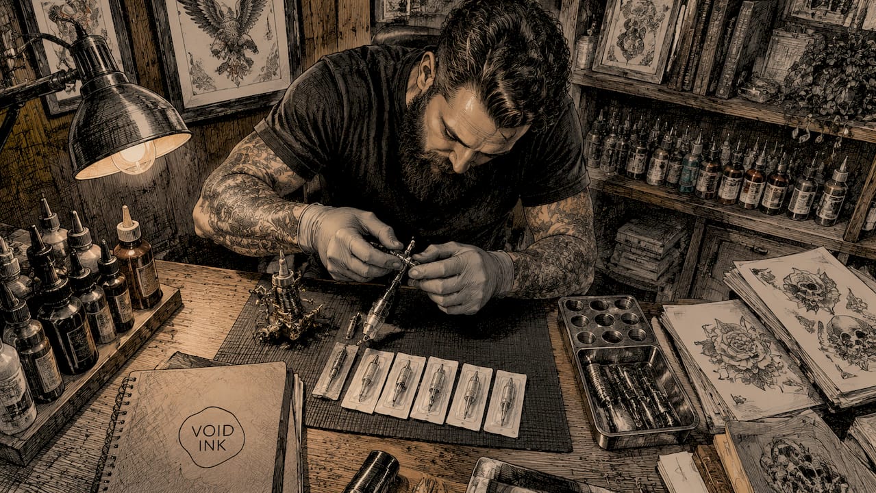 Detailaufnahme: Hände bereiten eine Tattoomaschine mit Liner-Nadeln für den Einsatz vor.