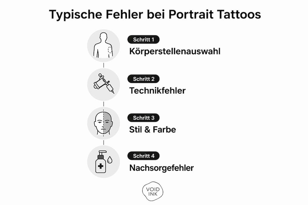 Eine Infografik, die die häufigsten Fehler bei Portrait-Tattoos übersichtlich in einer nummerierten Liste zeigt.