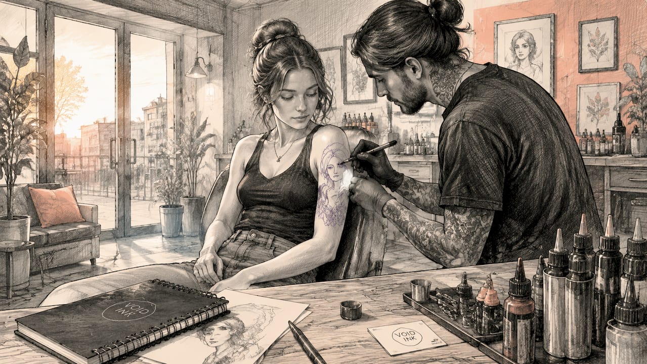 Der Tätowierer zeichnet die genaue Stelle für das Portrait-Tattoo auf dem Arm des Kunden an.