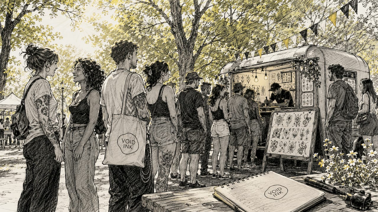 Vor dem Studio bildet sich eine Schlange von Leuten, die auf das Flash-Tattoo-Event warten.