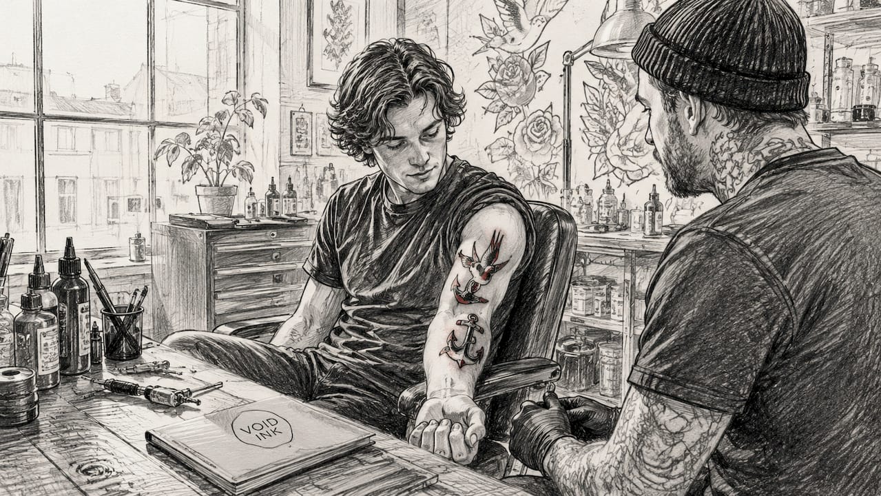 Detailaufnahme eines Unterarms mit klassischen Tattoo-Motiven