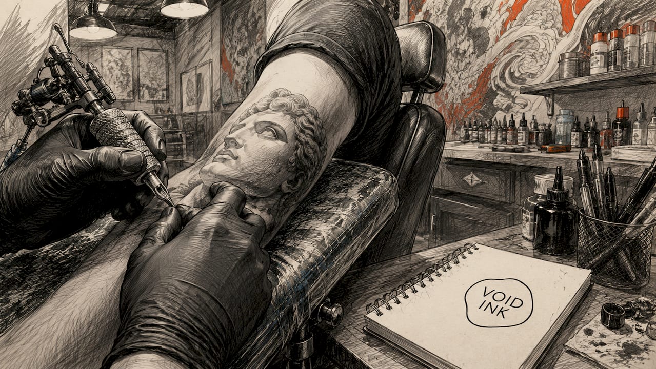 Tattoo-Artist beim Stechen eines realistischen Porträts