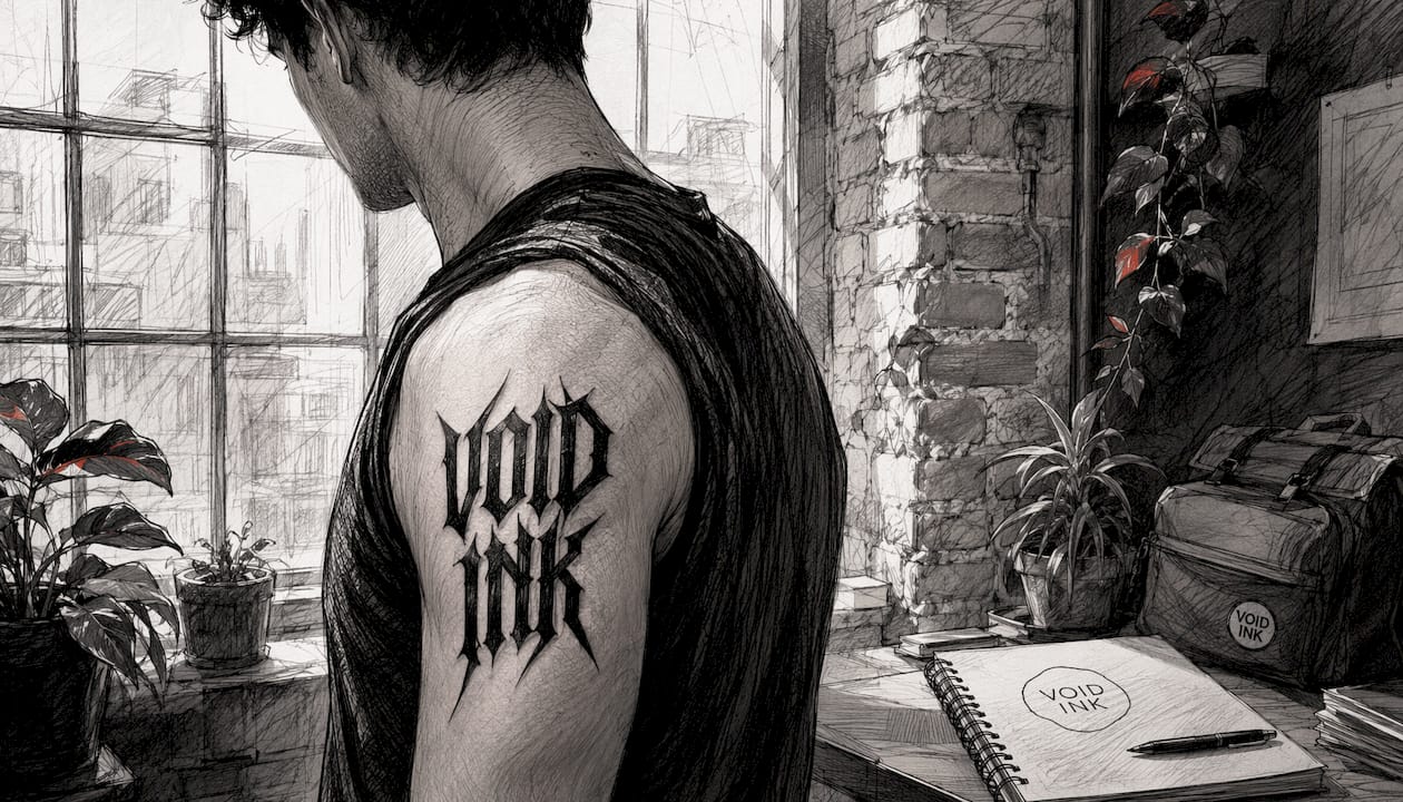 Gothic-Kalligraphie als Tattoo-Motiv auf dem Oberarm