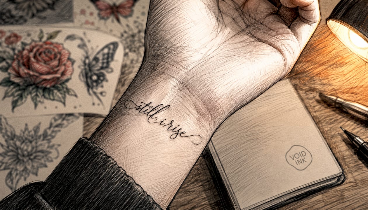Detailansicht eines filigranen Kalligraphie-Tattoos