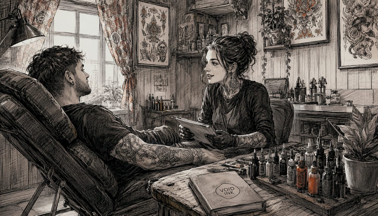 Kunde und Tätowierer besprechen gemeinsam, wie das alte Tattoo am besten überstochen werden kann.