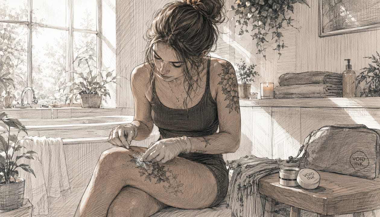 Mit den Händen wird vorsichtig eine Heilsalbe auf das frische Tattoo aufgetragen.