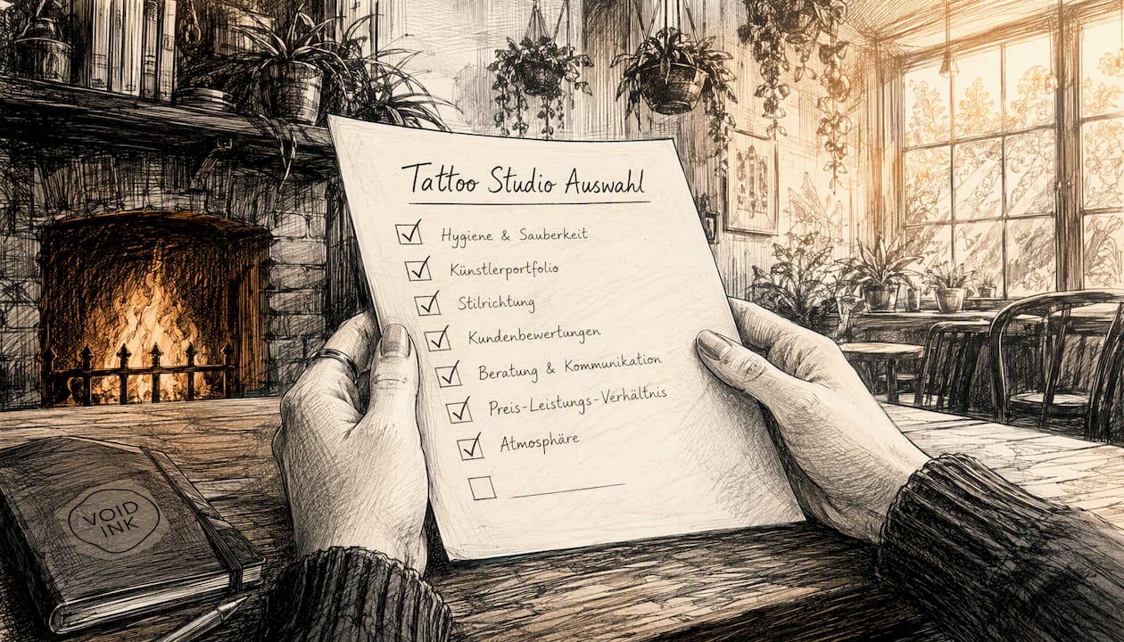 In den Händen liegt eine Checkliste mit wichtigen Kriterien für die Auswahl eines Tattoo-Studios.