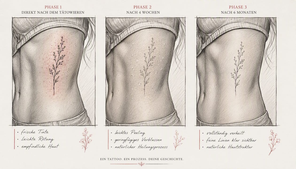 Fotos vom Heilungsverlauf eines feinen Rippen-Tattoos: So sieht die Haut in den verschiedenen Phasen der Abheilung aus.