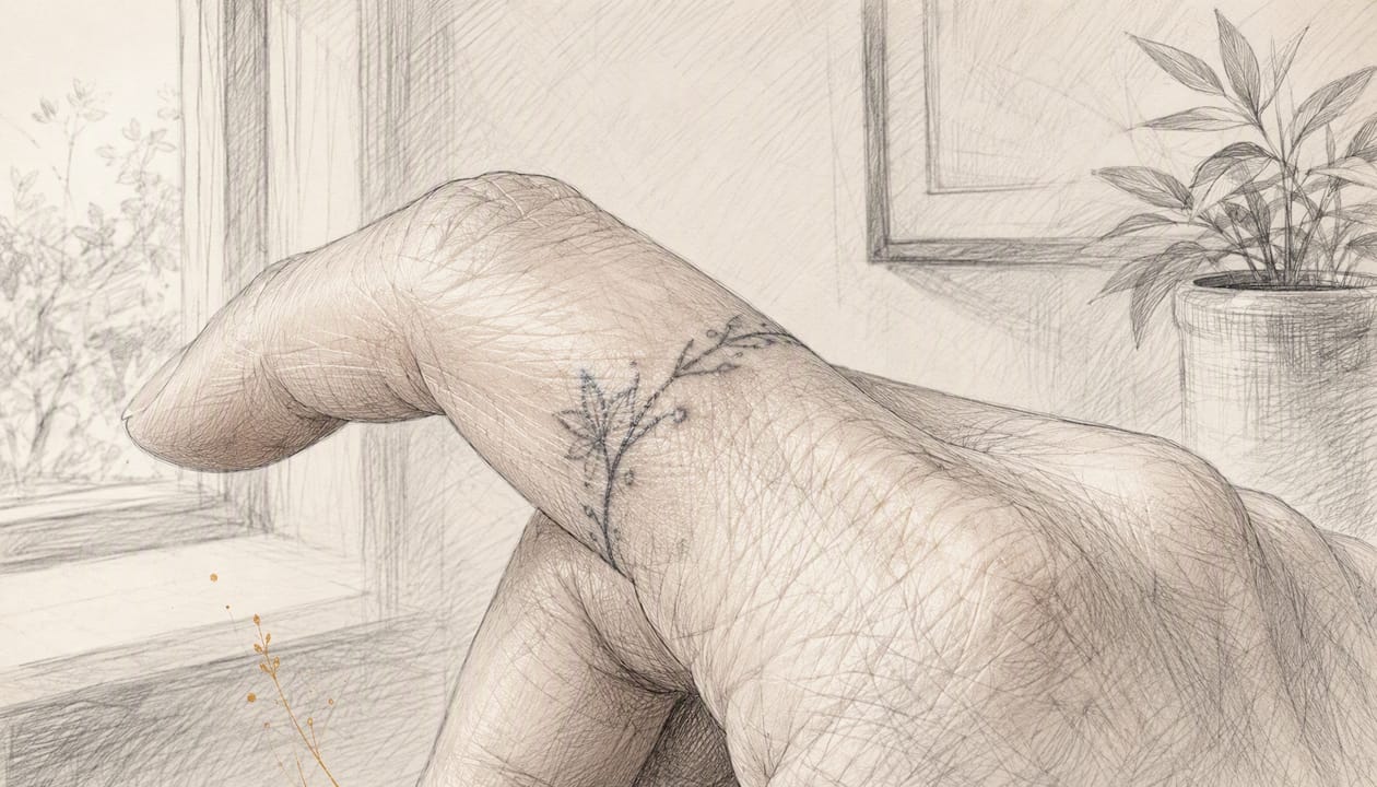 Nahaufnahme eines feinen, schon etwas verblassten Fingertattoos
