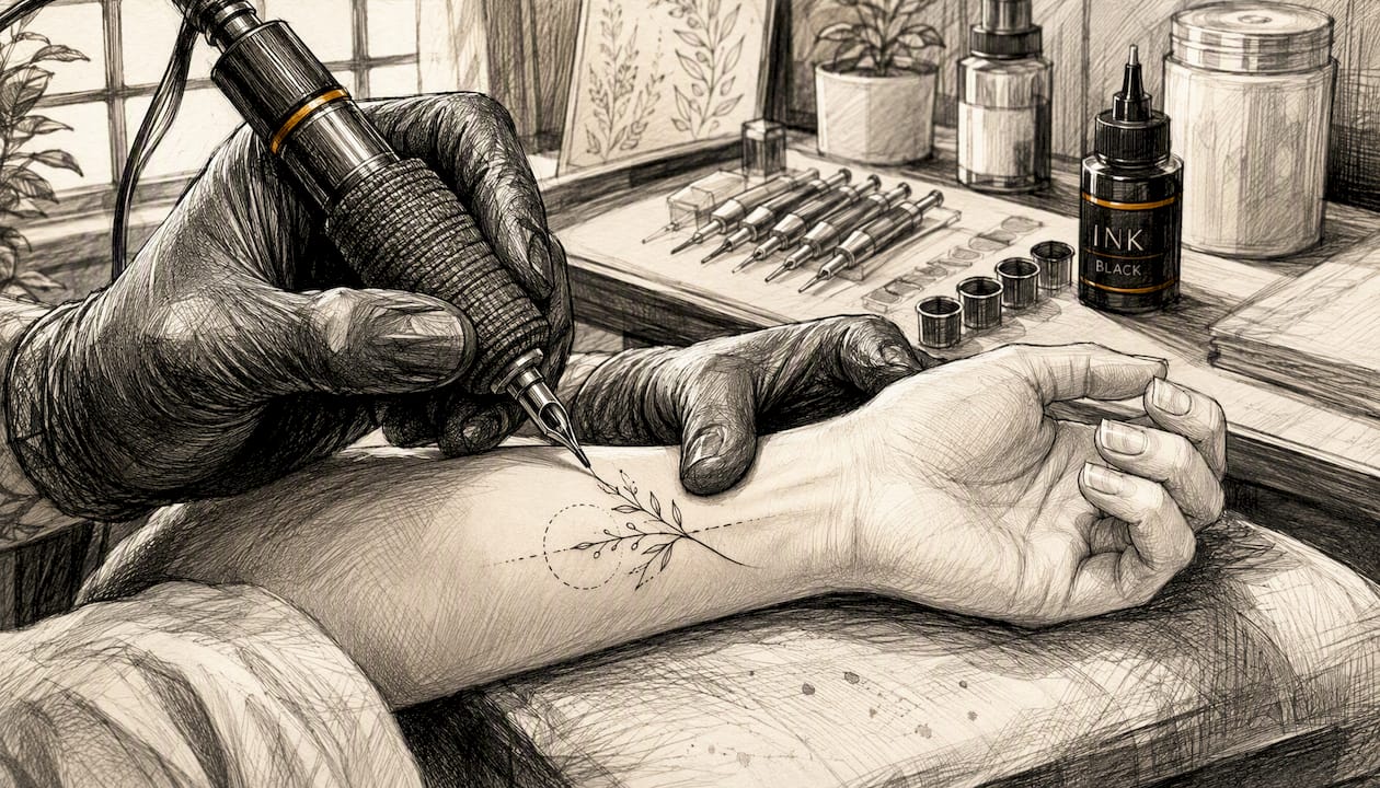 Ein Tätowierer bringt mit viel Fingerspitzengefühl letzte Feinheiten an einem Handtattoo an.