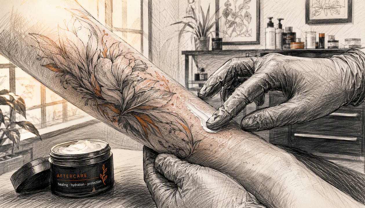 Nahaufnahme: Frisch gestochenes Tattoo wird sorgfältig mit Creme gepflegt