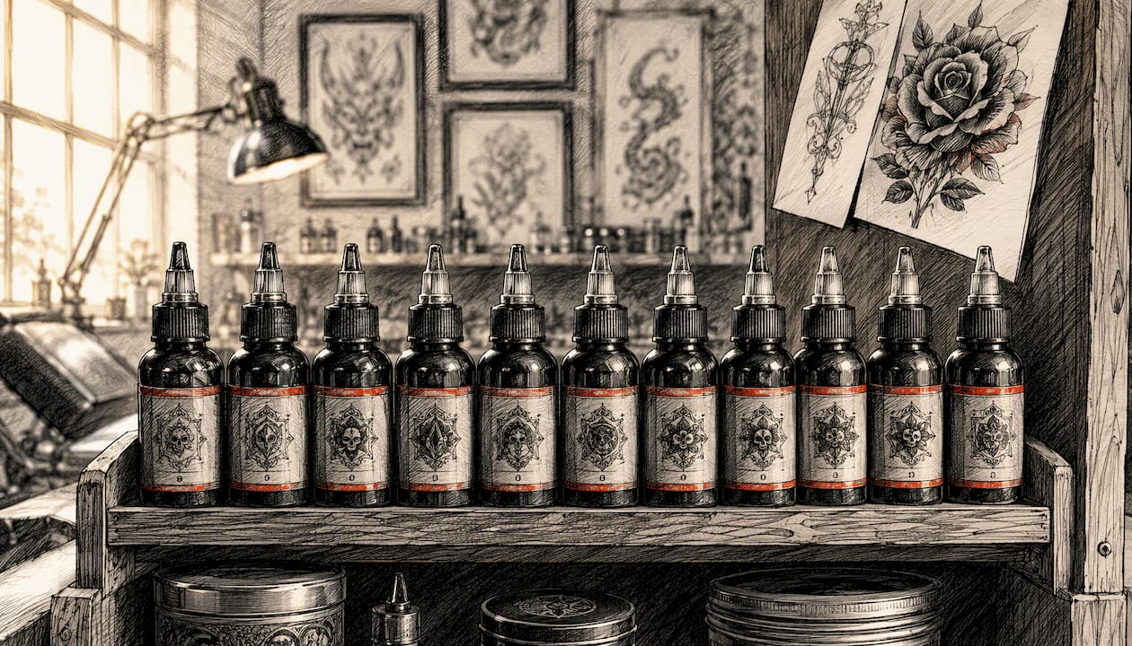 Schwarze Tattoofarbenfläschchen mit Chargennummern ordentlich sortiert