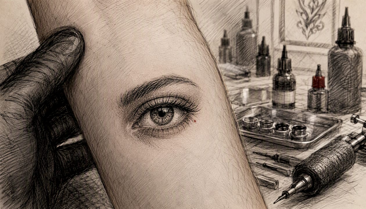 Detailreiches Mikrotattoo eines Auges auf dem Unterarm – beeindruckend realistisch gestochen.