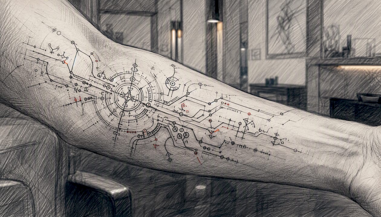 Feine Cybersigilismus-Linien als Tattoo auf der Innenseite des Unterarms