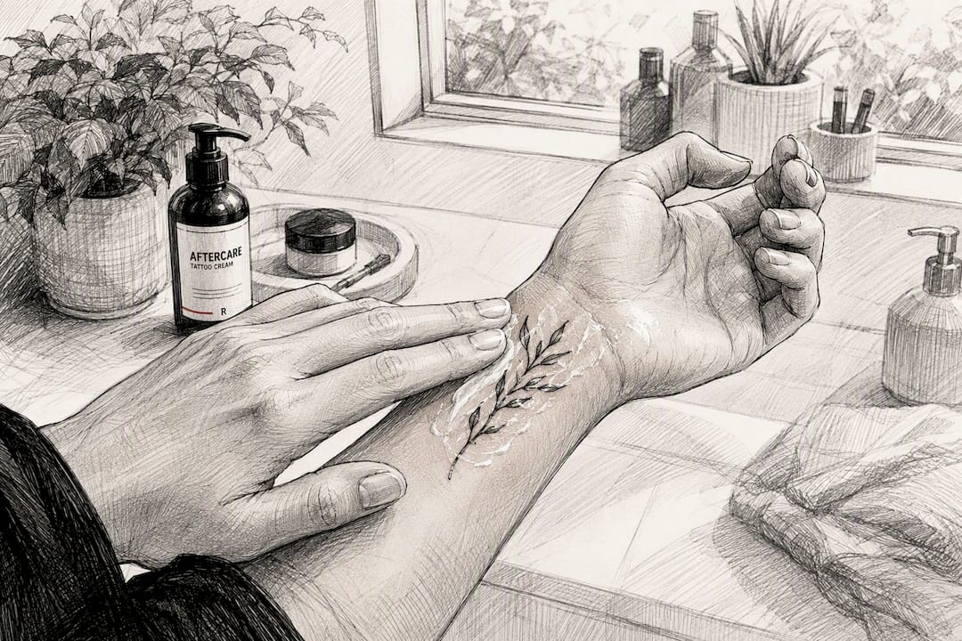 Hände tragen Salbe auf ein frisches Tattoo auf