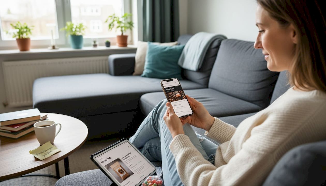 Eine Frau prüft die Benutzerfreundlichkeit eines WooCommerce-Shops auf ihrem Smartphone.