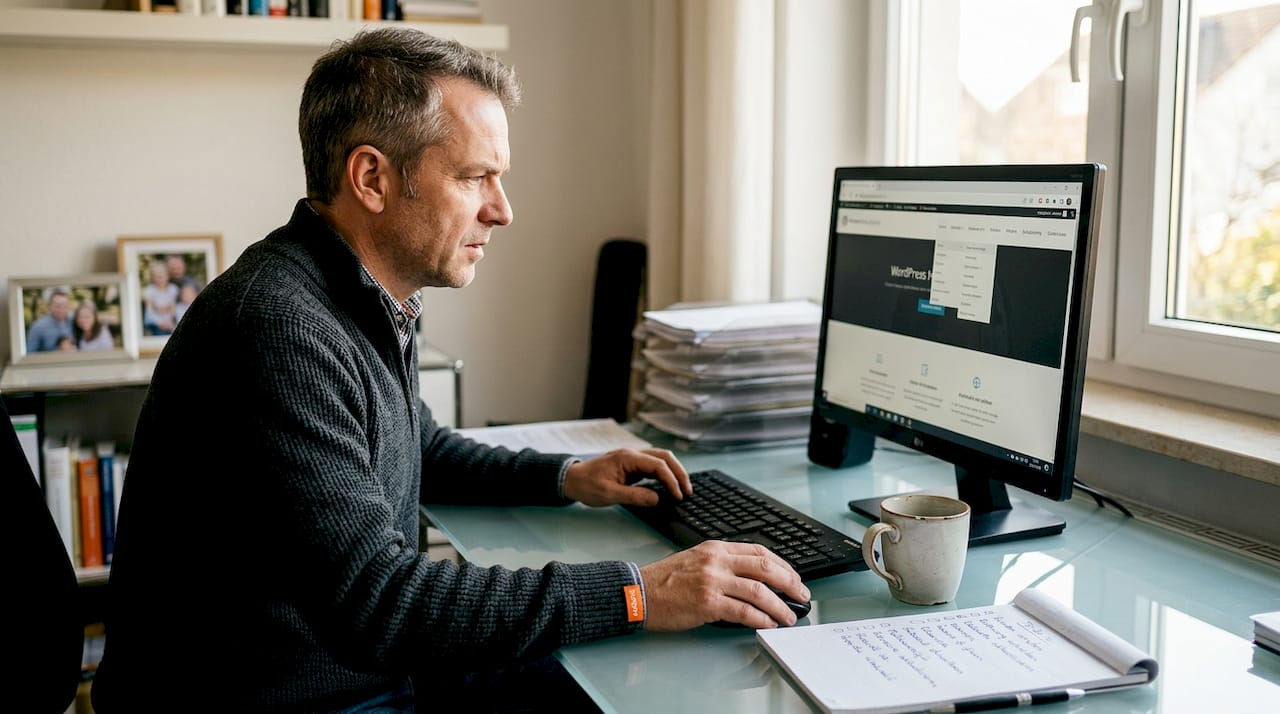 Unternehmer prüft die eigene Webseite am Computerbildschirm