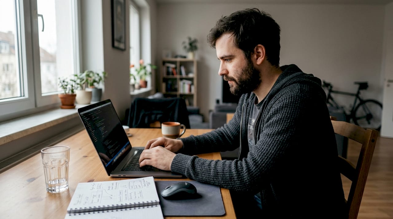 Ein Webentwickler sitzt am Küchentisch und arbeitet konzentriert an seinem Laptop.