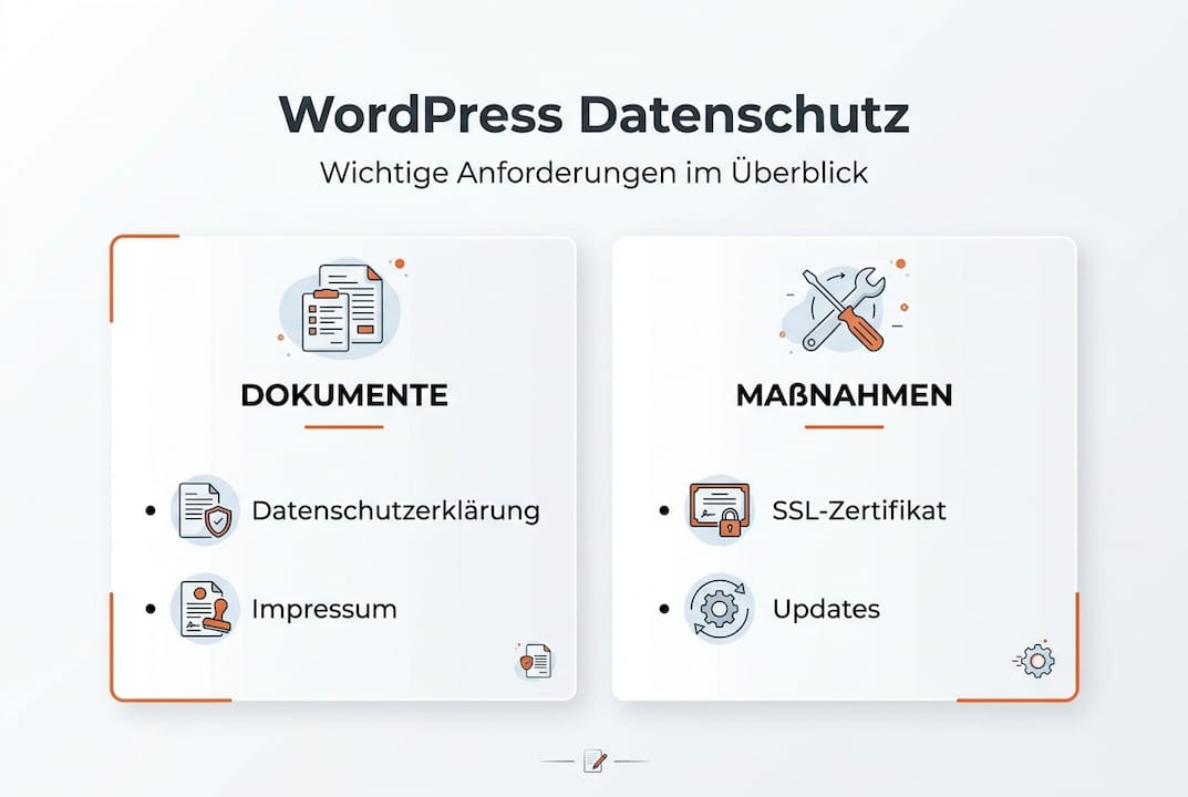 Übersichtsgrafik: Die wichtigsten Datenschutz-Aspekte bei WordPress im Blick