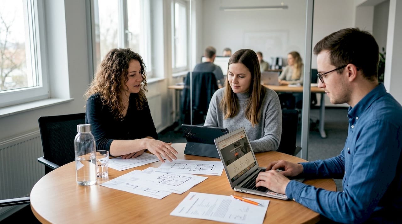 Das Team bespricht die Planung eines WordPress-Projekts gemeinsam am Konferenztisch.