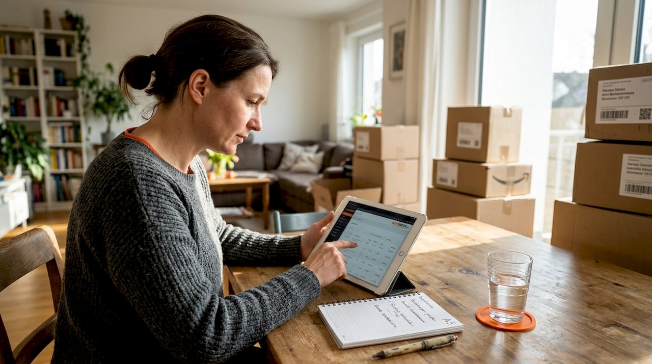 Die Betreiberin eines Onlineshops kontrolliert von zu Hause aus die eingegangenen Bestellungen.