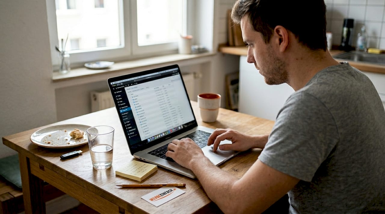 Ein Entwickler sortiert und organisiert seine Plugin-Ordner auf dem Laptop, um den Überblick über seine Projekte zu behalten.