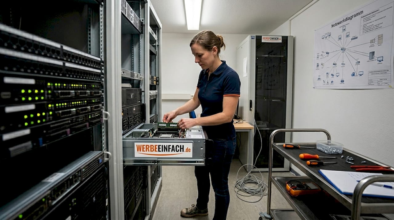 Ein Techniker erweitert den Arbeitsspeicher eines Servers im Büro.