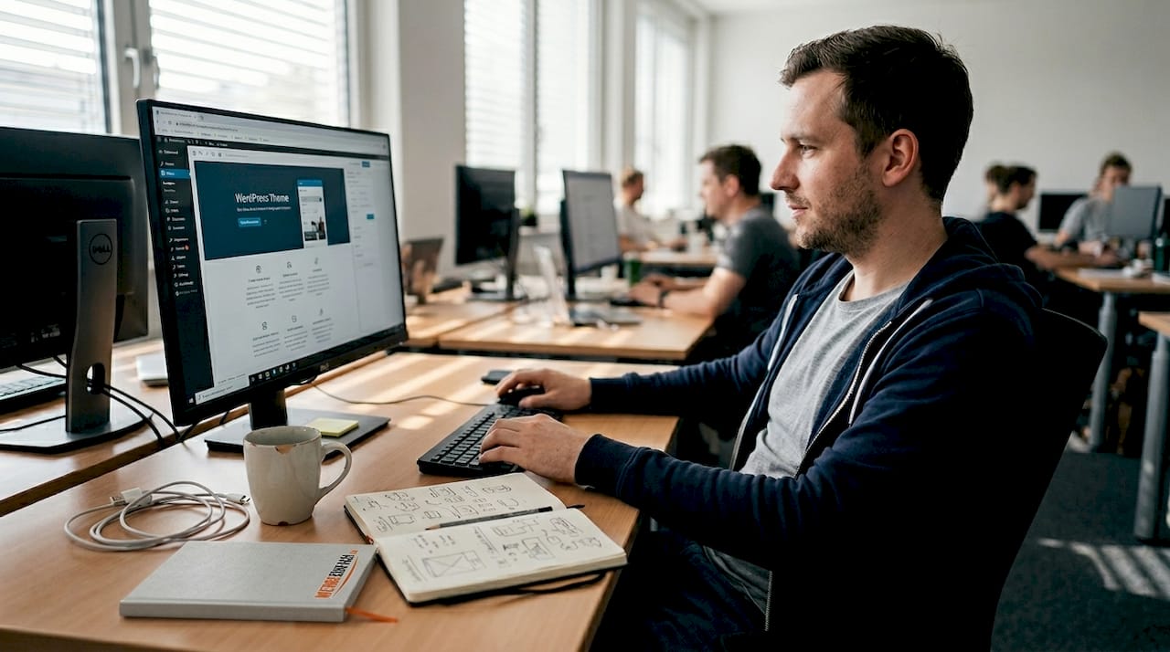 Ein Webdesigner sitzt am Schreibtisch und prüft ein WordPress-Theme auf Herz und Nieren.