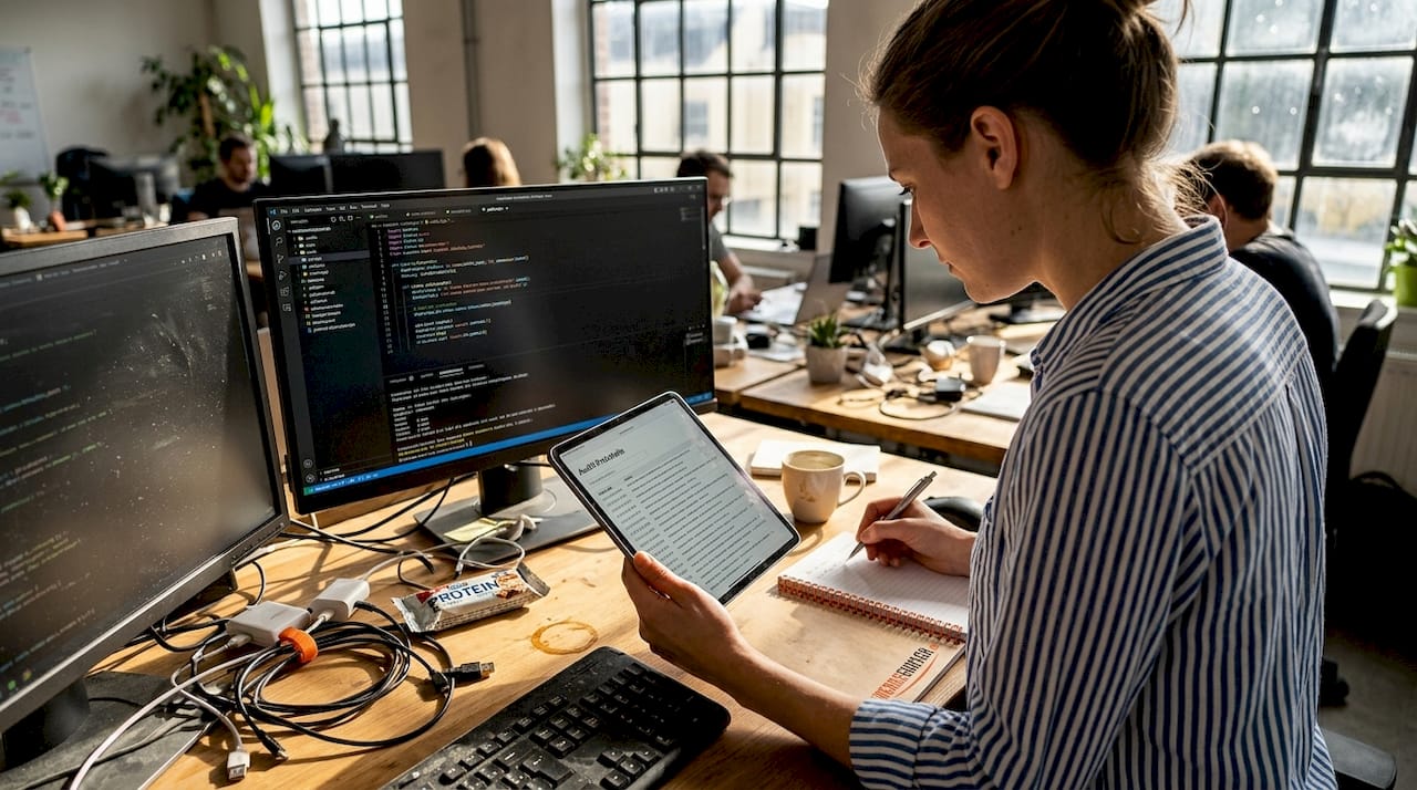 Ein Manager überprüft die Sicherheitsprotokolle der Website, um mögliche Schwachstellen oder verdächtige Aktivitäten frühzeitig zu erkennen.