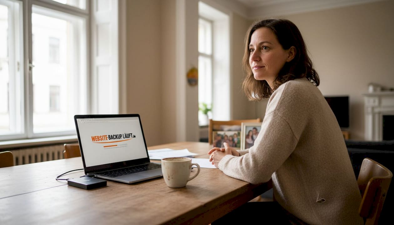 Am Küchentisch legt eine Frau mit dem Backup ihrer Website los.