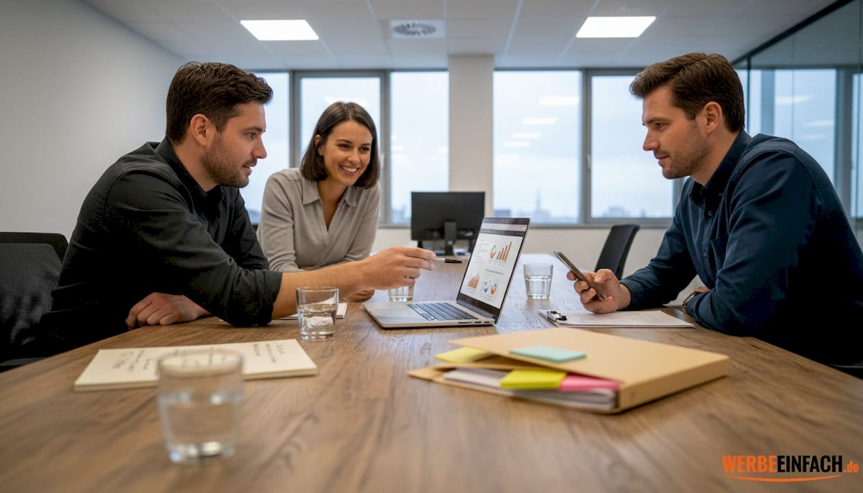 Ein Team sitzt gemeinsam am Konferenztisch und bespricht den aktuellen Stand ihres Webprojekts.