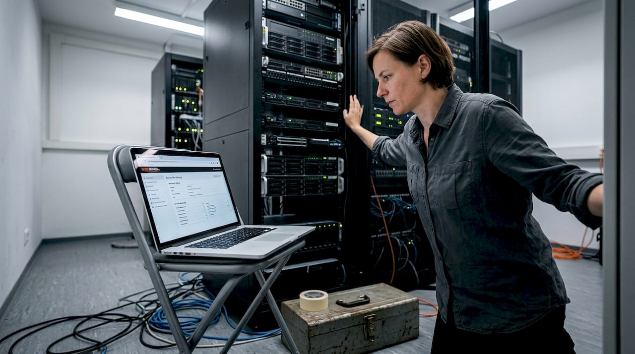 Ein IT-Manager überprüft die Wartung der Server im Serverraum.