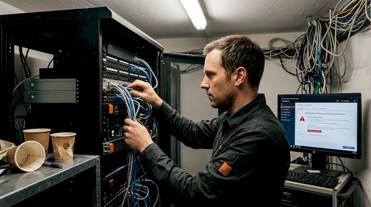 Der IT-Administrator überprüft die Einhaltung des Datenschutzes im Serverraum.