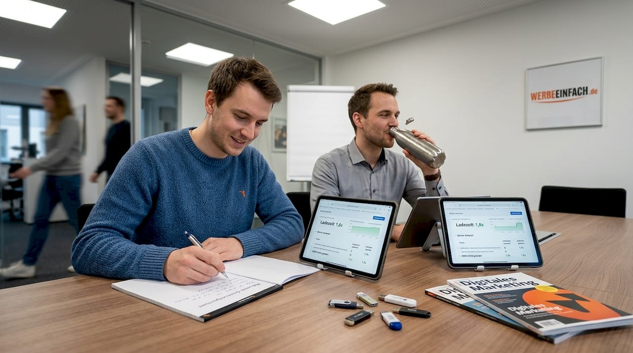 Mitarbeiter analysieren gemeinsam die Leistungsdaten der Webseite.