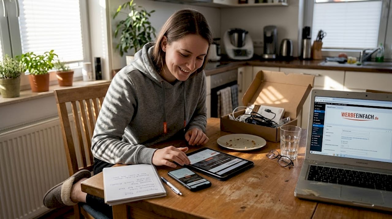 Eine Frau prüft die Benutzerfreundlichkeit einer Website auf verschiedenen Endgeräten.