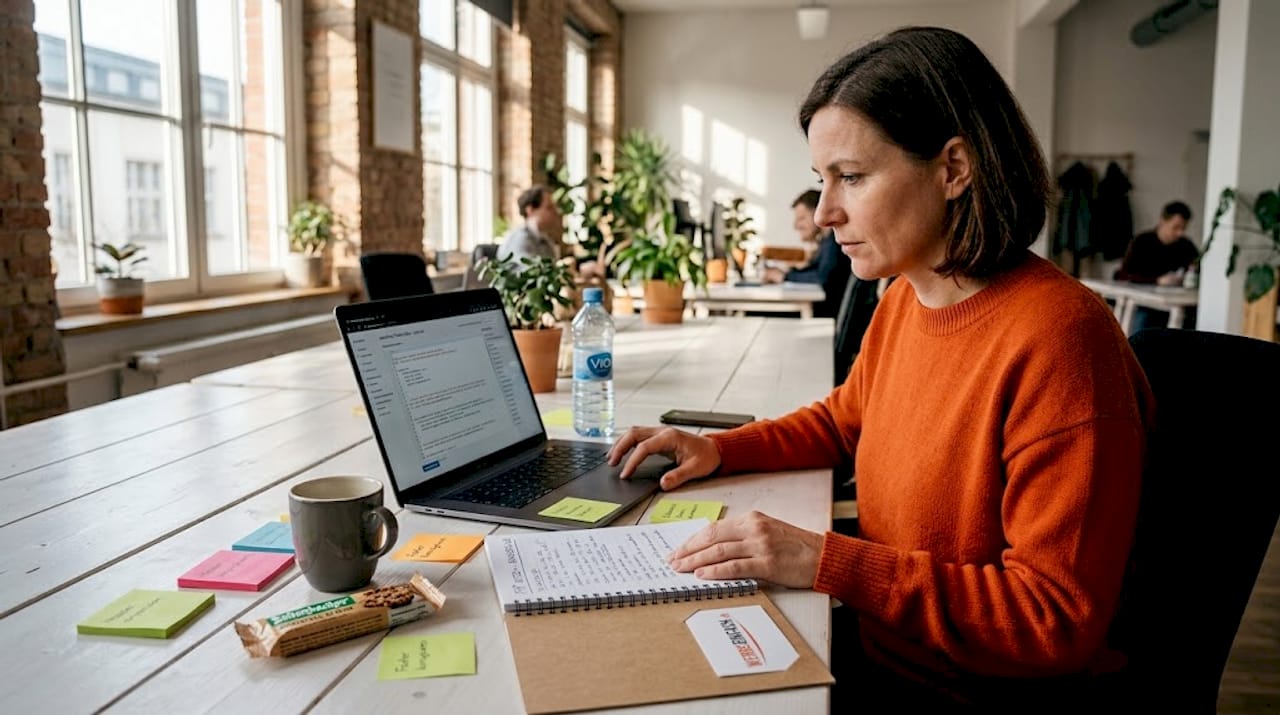 Eine Frau arbeitet an der Anpassung eines WordPress-Themes und bearbeitet dafür die PHP-Dateien in ihrem Workspace.