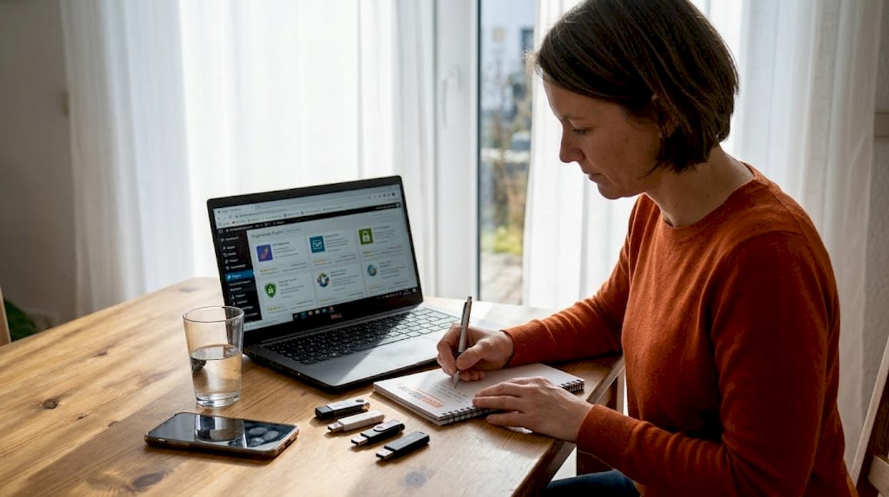 Eine Frau arbeitet zu Hause am Küchentisch an der Entwicklung von WordPress-Plugins.