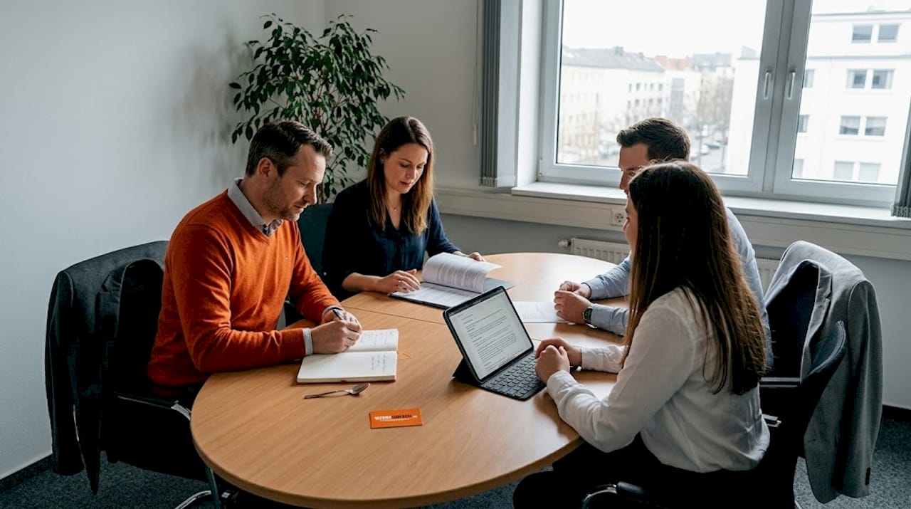 Ein Team tauscht sich am Besprechungstisch über Datenschutzthemen aus.
