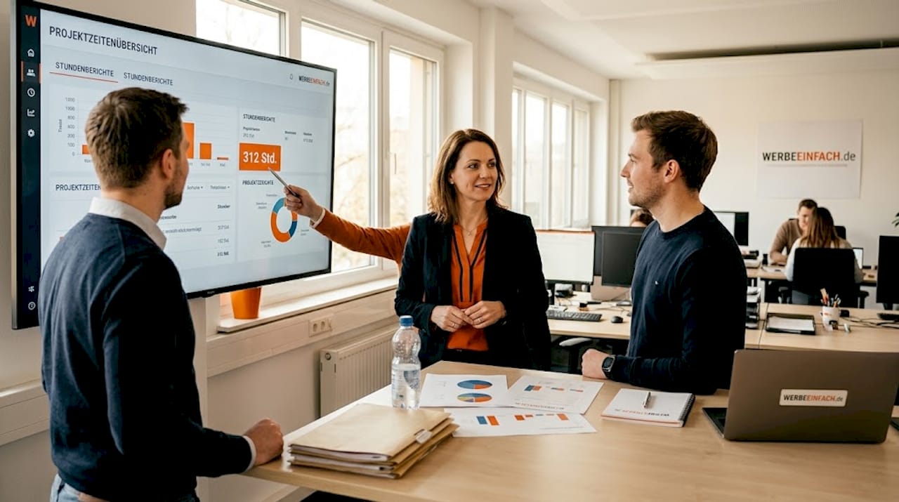 Im Büro wirft das Team gemeinsam einen Blick auf die neuesten Effizienzzahlen und wertet sie aus.