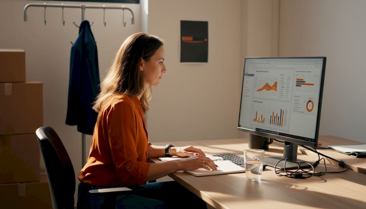 Eine Frau analysiert im Büro die Verkaufszahlen ihres Onlineshops.